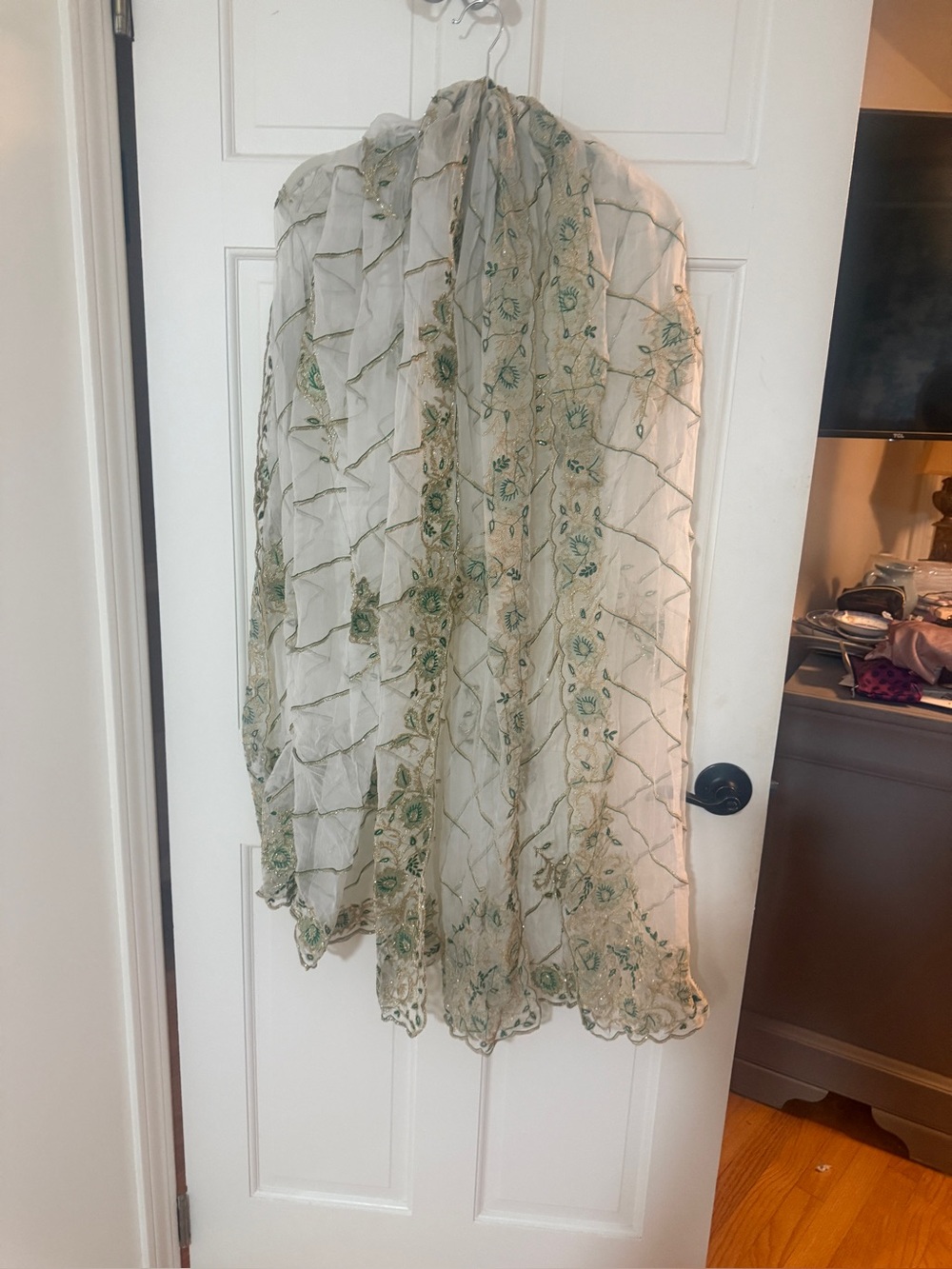 Embroidered Dupatta Indian Wrap in Ivory and Green